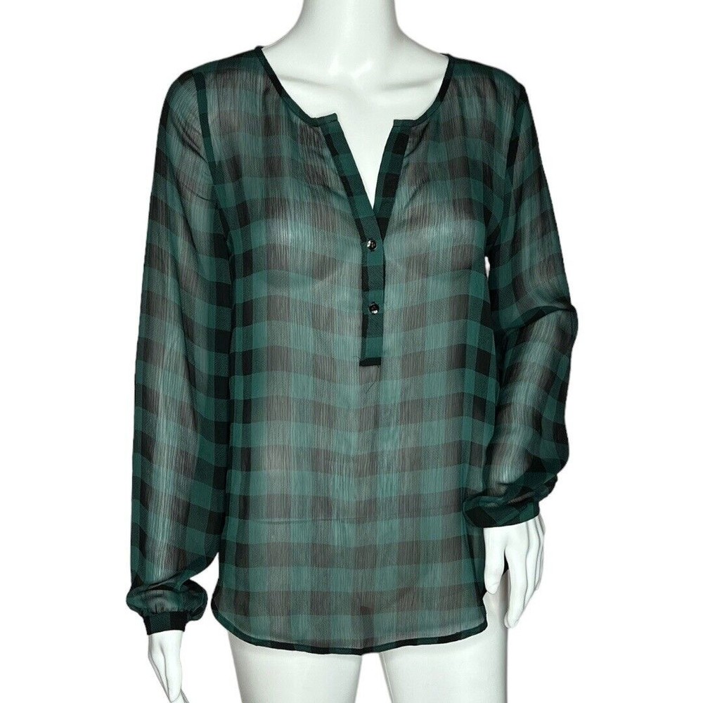 Lumiere Shirt Women Small Green Black Check Print  Sheer‎ Casual Work Versatile